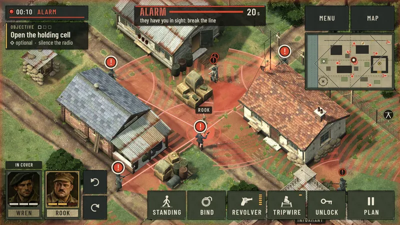 The alarm is up: guards with red vision cones converge on Rook between the outpost buildings.