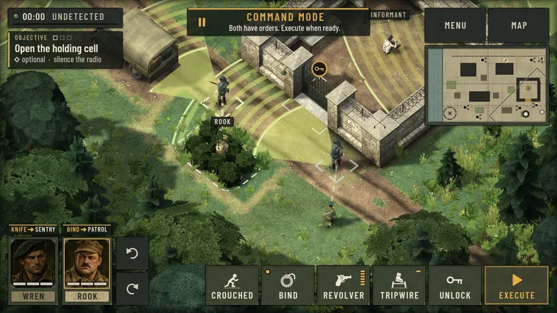 Command mode: the game is paused while Wren is ordered to knife a sentry and Rook to bind a patrol outside the holding cell.