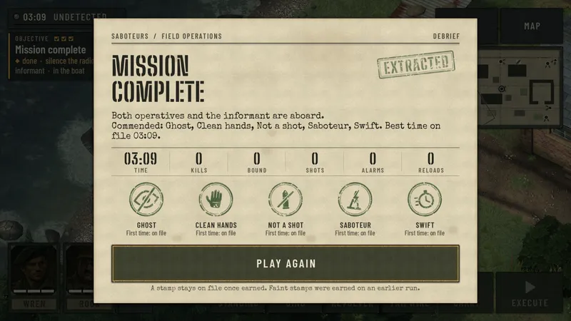 The debrief dossier: mission complete in 3:09 with the Ghost, Clean hands, Not a shot, Saboteur and Swift stamps.